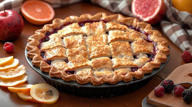 Homemade Berry Pie with Lattice Top, Fresh Fruit and Rustic Kitchen Decor, visually appealing photo