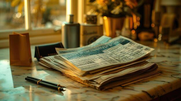Business Newspaper Stack with Fountain Pen and Notebook on Marble Desk, reflections photo