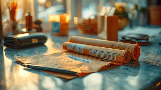 escritorio escena Envío etiquetas, bolígrafo, y billetera con suave bokeh fondo, cumplimiento foto