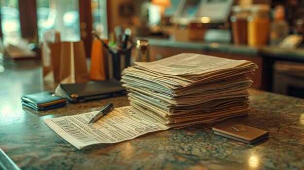 Stack of Newspapers and Documents on a Countertop with Pen and Wallets, communication photo