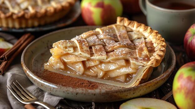 Homemade Apple Pie Slice with Lattice Crust, Cinnamon and Apples, confectionery photo
