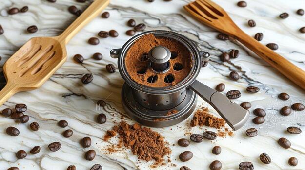 Coffee Grinder and Beans on Marble Countertop with Wooden Utensils, java photo