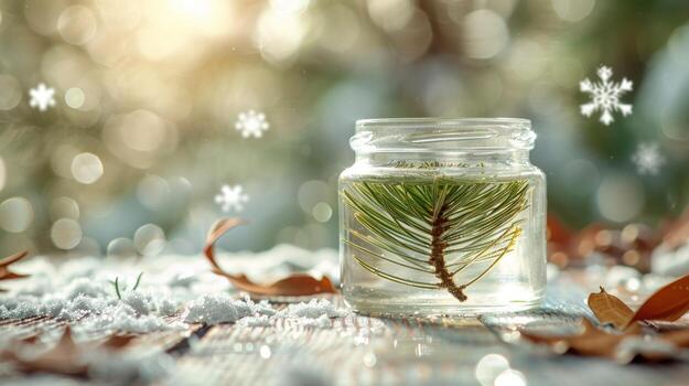 Winter Forest Jar Pine Branch in Snow with Bokeh and Sun Flares, atmospheric photo