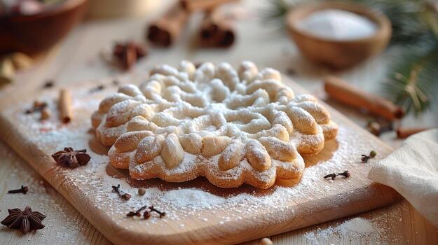 Festive Snowflake Waffle with Icing Sugar and Spices, Close-up Macro Shot, breakfast photo