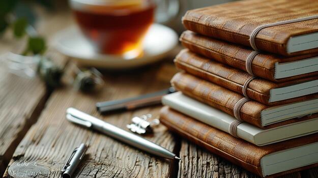 Desk with Stack of Notebooks, Pen, and Tea - Cozy Workspace, Study, Writing, Planning, close-up photo