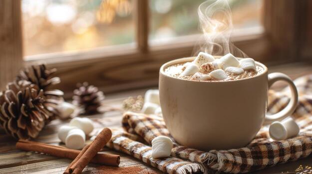 Steaming Hot Chocolate with Marshmallows and Cinnamon Sticks by the Window, cold weather photo