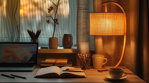 Cozy Home Office Setup At Dusk With Laptop, Open Book, Lamp, And Coffee, business photo
