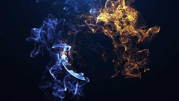 dynamisk abstrakt visualisering av blå och orange lysande partiklar formning en digital sfär. trogen energi flöde, data strömmar och teknologi bakgrund för modern design och vetenskap begrepp. video