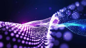 strömmande abstrakt Vinka av lysande partiklar i lila och blå toner på en mörk bakgrund. trogen rörelse design begrepp för teknologi, ai, data visualisering, och digital nätverk teman. video