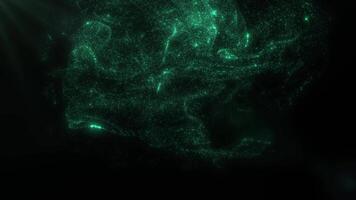 dynamique animation de embrasé vert particules formant abstrait écoulement formes sur foncé Contexte. futuriste numérique vague conception symbolisant énergie, technologie, science, et innovation. video