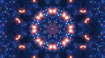 abstrakt kalejdoskop animering med lysande blå och röd bokeh lampor formning symmetrisk cirkulär mönster. trogen digital bakgrund för rörelse grafik, musik bilder, eller teknologi teman. video