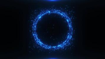 Glowing blue particle circle on dark background. Futuristic energy ring made of sparkling dust and light dots, abstract technology design, sci-fi portal or digital wave effect for modern visuals video