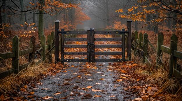 Rustic Autumn Gate and Fence on Leaf-Covered Path in Misty Forest, trees photo