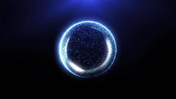 azul brilhando partícula anel rotativo dentro Sombrio espaço. abstrato futurista energia círculo com poeira e luz efeitos. perfeito para movimento gráficos, ficção científica , vj rotações video
