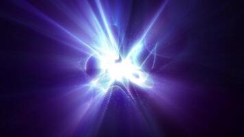 brillante azul y púrpura energía Estallar con brillante rayos y partícula olas en un oscuro antecedentes. futurista resumen ligero explosión concepto para ciencia, espacio, y tecnología visuales video