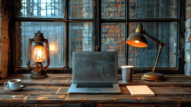 Vintage Desk Setup Laptop, Lantern, Lamp, Coffee, and Notebook by Old Window, atmosphere photo