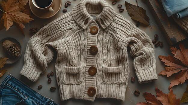 Cozy Beige Knit Cardigan with Buttons, Autumn Vibes, Coffee and Leaves Flat Lay, morning routine photo