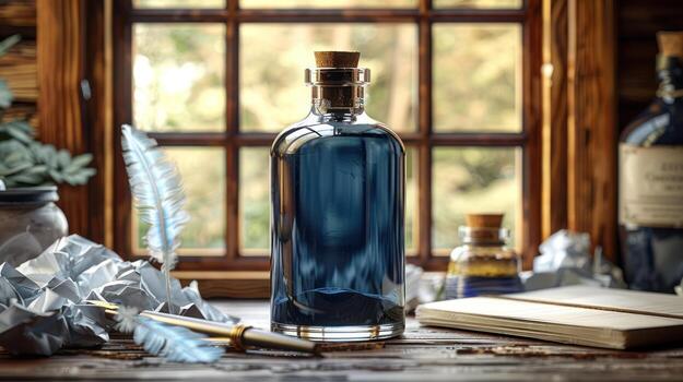Mysterious Blue Elixir Bottle with Quill, Parchment, and Old Window, magic photo
