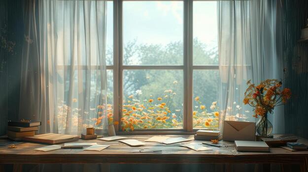 Cozy Home Office with Window View of Wildflowers Writing Desk Vibes, papers photo