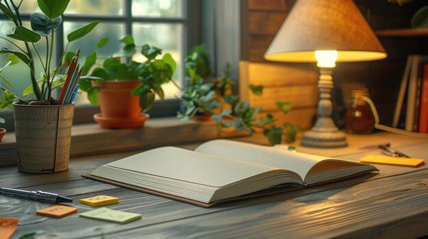 acogedor escritorio escena abierto computadora portátil, lámpara, plantas y plumas por ventana luz, ambiente foto