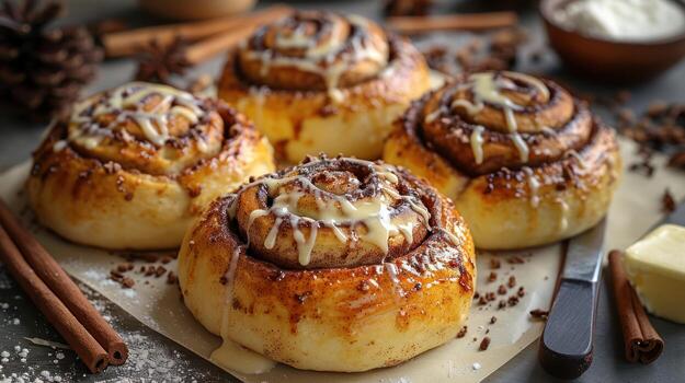 Warm Cinnamon Rolls with Icing Drizzle and Cinnamon Sticks, Close Up Macro, dessert lover photo