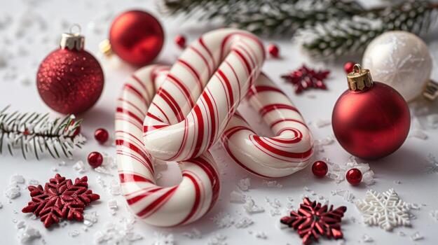 Festive Christmas Candy Canes and Ornaments, Snowflakes and Fir Branch Macro, background photo
