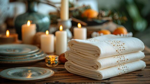 Cozy Table Setting with Folded Linens, Candles, and Plates for Autumn Celebration, decor photo