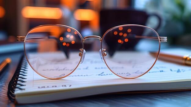 Close up of round eyeglasses resting on an open notebook with handwritten notes, bokeh background. photo