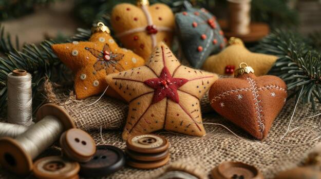 hecho a mano sintió Navidad adornos con carretes de hilo y botones, proyecto foto