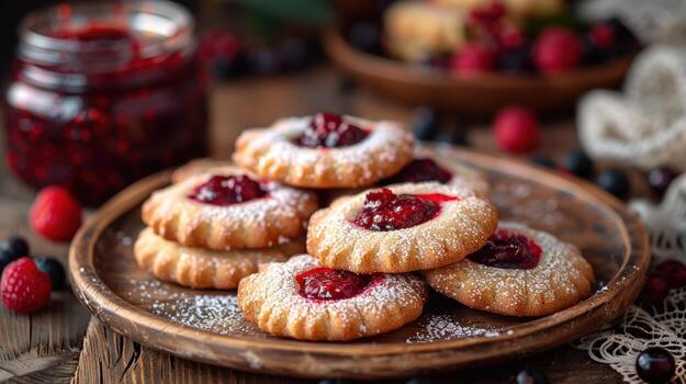 Delicious Raspberry Jam Thumbprint Cookies Sprinkled with Powdered Sugar, rustic photo