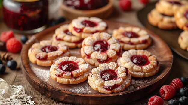 Linzer Cookies with Raspberry Jam and Fresh Berries, delicious photo