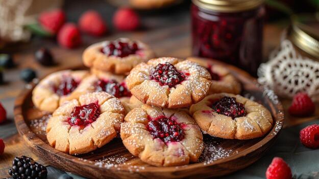 Homemade Raspberry Thumbprint Cookies with Fresh Berries and Jam, Dust of Powdered Sugar, snack photo