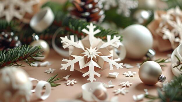 Handmade Paper Snowflake Ornament and Christmas Baubles with Pine Branches, greeting photo