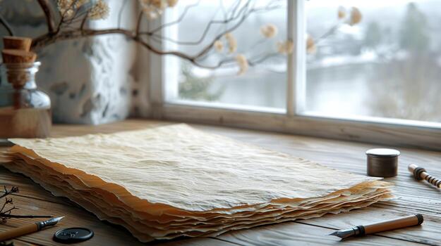 Old parchment paper stack with quill pens and inkwell, romantic desk scene, winter window view, knowledge photo