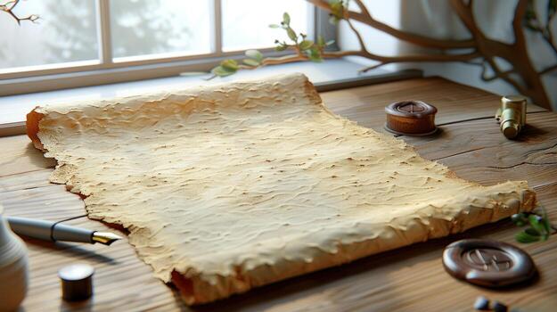 Old parchment scroll with quill pen, seal and stamper on wooden desk by the window, secret message photo