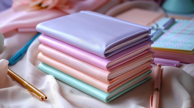 Stack of Pastel Notebooks and Pens with Soft Fabric Background, serene photo