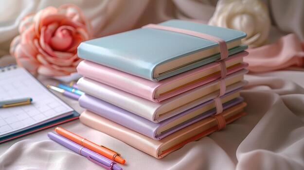 Pastel Notebook Stack with Pens and Flowers, Flat Lay Productivity Background, slow living photo
