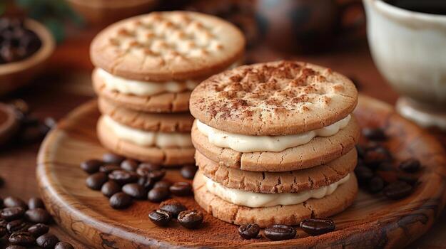 Cream Filled Cookies Stacked with Coffee Beans and Cocoa Powder, pile photo