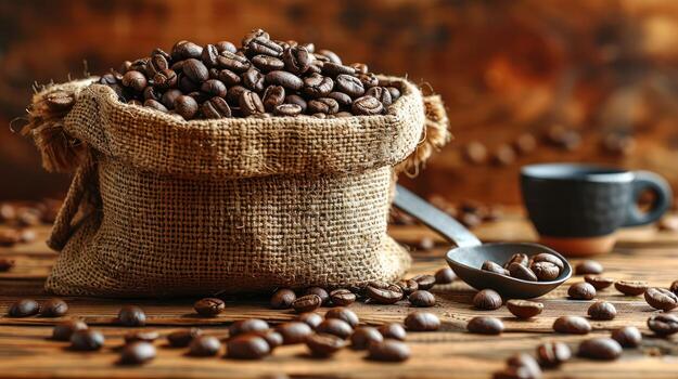 un arpillera saco desbordante con asado café frijoles con un taza y cuchara en el fondo., cucharón foto