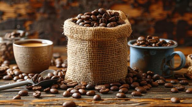 Roasted Coffee Beans In Burlap Sack With Coffee Cup and Spoon on Wooden Table, java photo