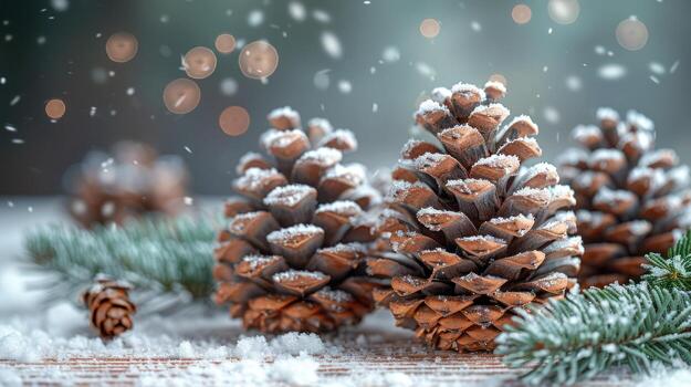 Winter Pinecones Covered in Snow with Falling Snowflakes and Bokeh Lights, organic photo