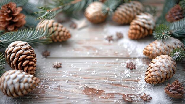 Winter Pinecones and Snowflakes on Rustic Wood Background, Christmas and New Year, pattern photo