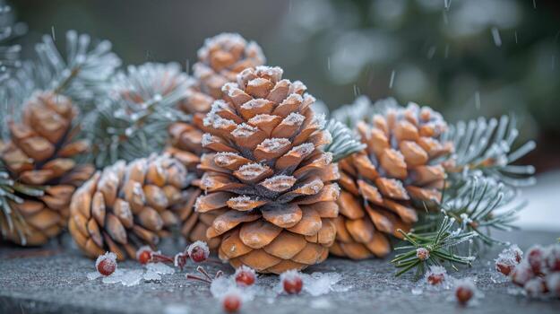 Pinecones with Frost and Snowflakes, Winter Nature Macro Shot, peaceful photo