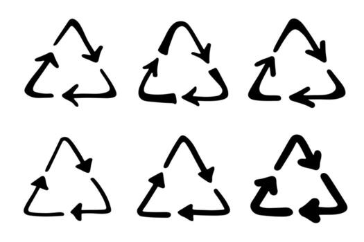 Set of hand drawn recycle arrow icon Recycling resources symbol Reuse of materials, zero waste, green environment, saving the planet conservation ecological vector