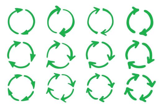 Set of hand drawn recycle arrow icon Recycling resources symbol Reuse of materials, zero waste, green environment, saving the planet conservation natural vector