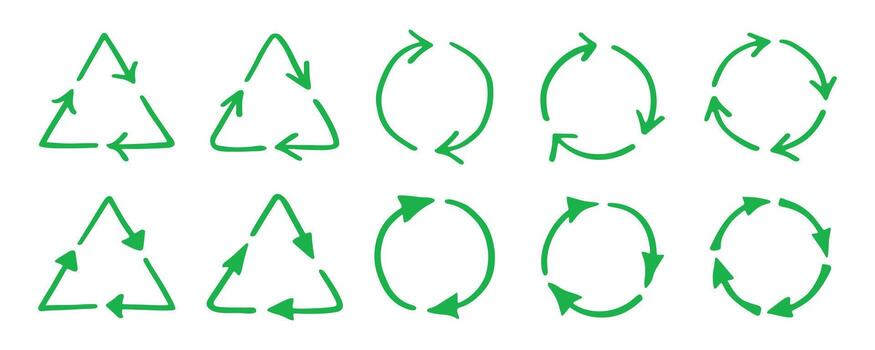 Set of hand drawn recycle arrow icon Recycling resources symbol Reuse of materials, zero waste, green environment, saving the planet conservation doodle vector