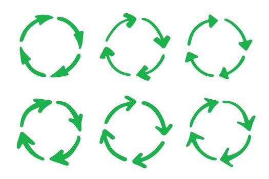 Set of hand drawn recycle arrow icon Recycling resources symbol Reuse of materials, zero waste, green environment, saving the planet conservation rotation vector