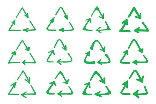 Set of hand drawn recycle arrow icon Recycling resources symbol Reuse of materials, zero waste, green environment, saving the planet conservation recycling vector