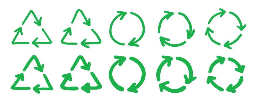 conjunto de mano dibujado reciclar flecha icono reciclaje recursos símbolo reutilizar de materiales, cero desperdiciar, verde ambiente, ahorro el planeta conservación residuos vector