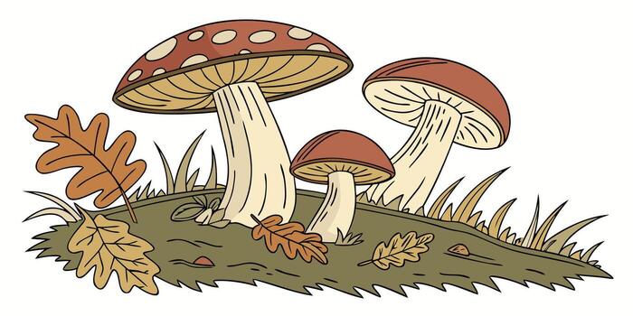 Whimsical mushroom patch with colorful autumn leaves, a charming design element that brings a touch of nature to any creative project vector